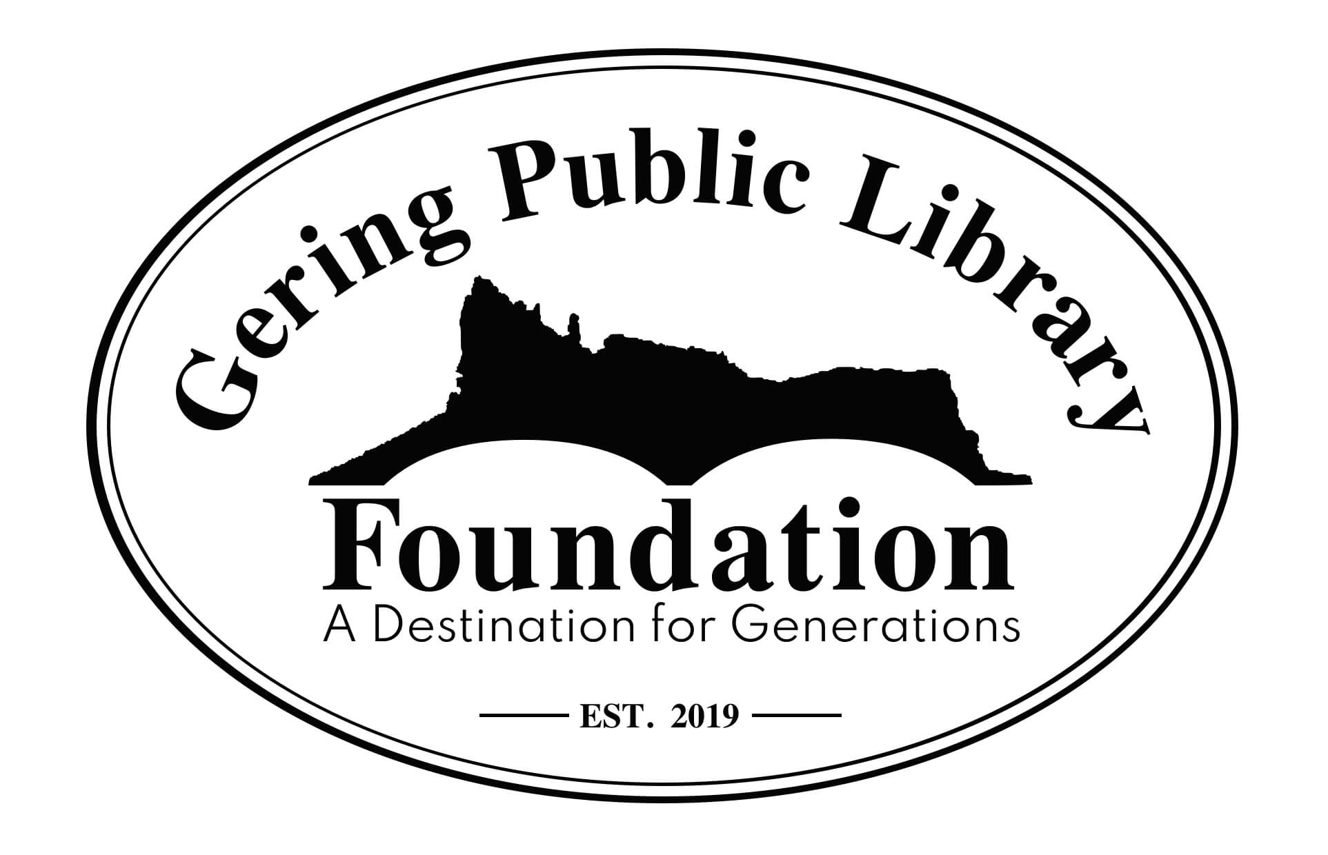 Gering Public Library Foundation Logo. Blue and White with name and "a destination for generations" slogan with Established in 2019 stamp. Bluffs/mountains in back ground all oval shaped